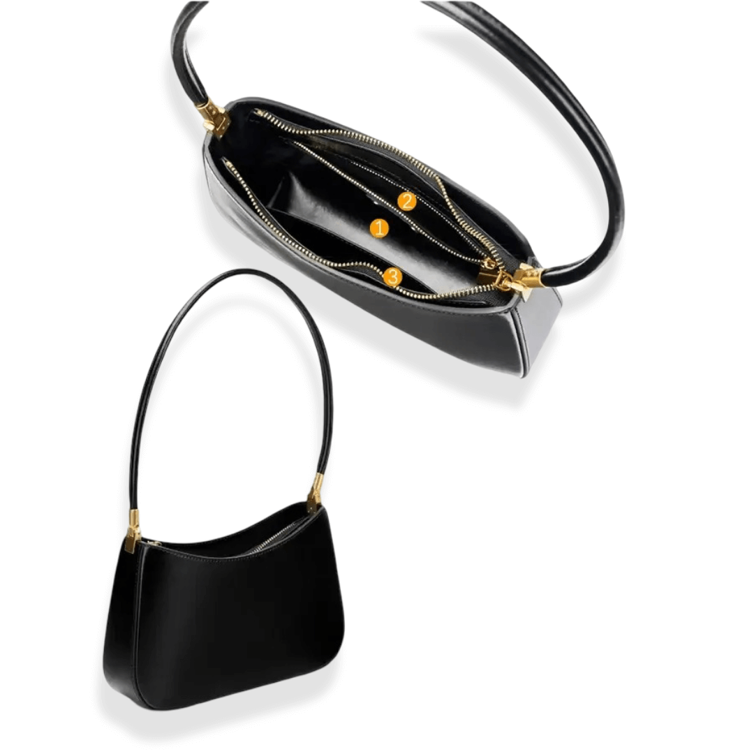 Black shoulder bag in genuine leather with gold accents and zippered interior compartments.