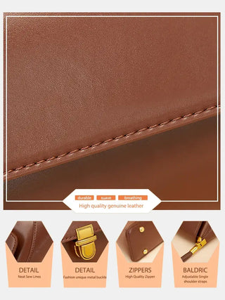 Shoulder bag leather detail, high-quality zipper and buckle with smooth brown genuine leather, practical and stylish.
