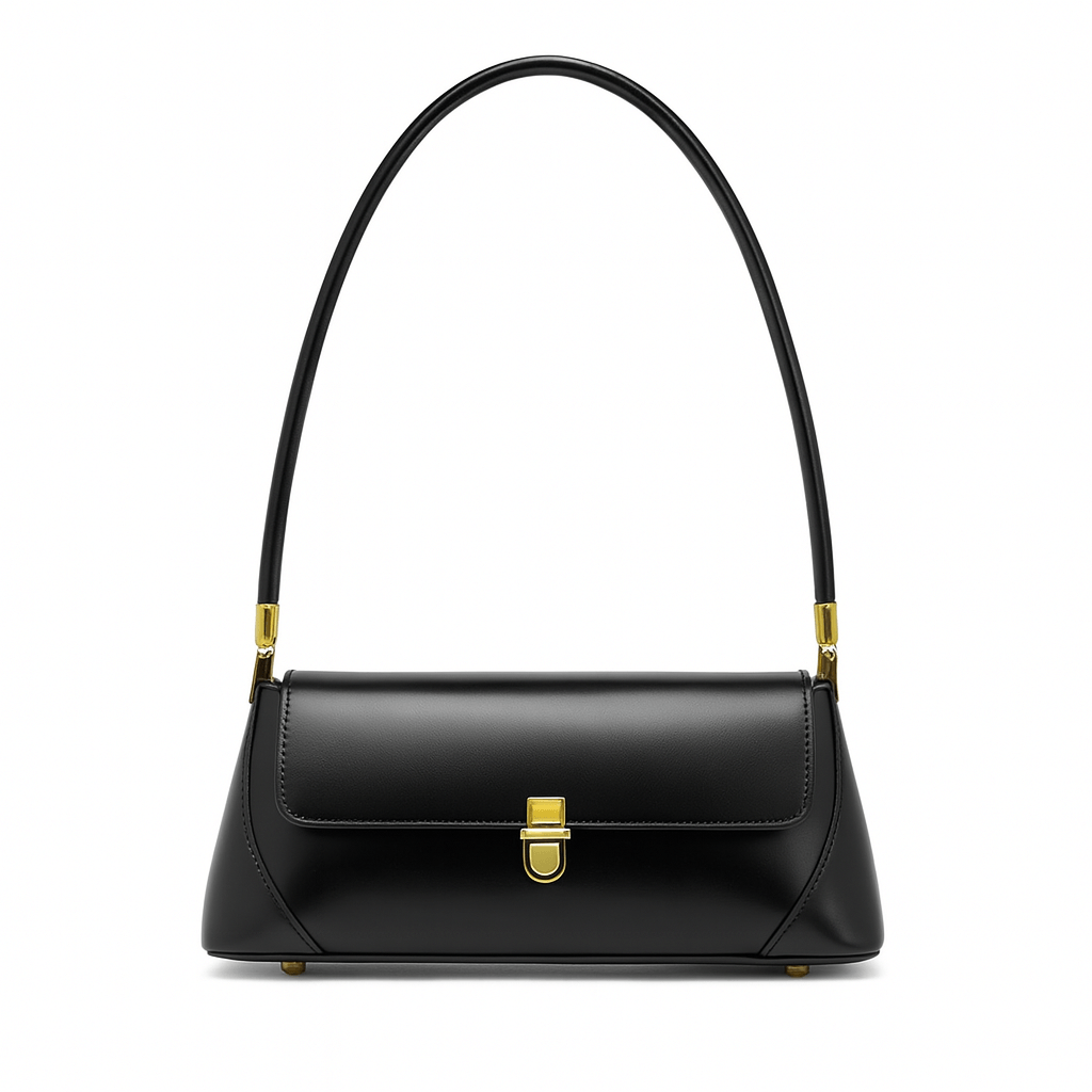 Elegant black leather shoulder bag with structured design and gold hardware, perfect for modern women.