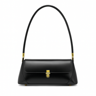 Elegant black leather shoulder bag with structured design and gold hardware, perfect for modern women.