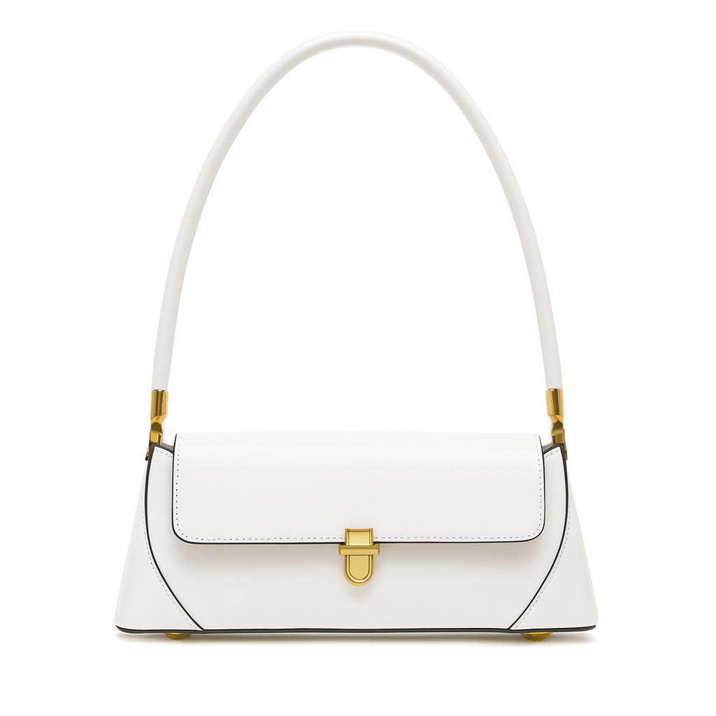 Elegant white shoulder bag in genuine leather, featuring a structured design and sleek single strap for modern women.