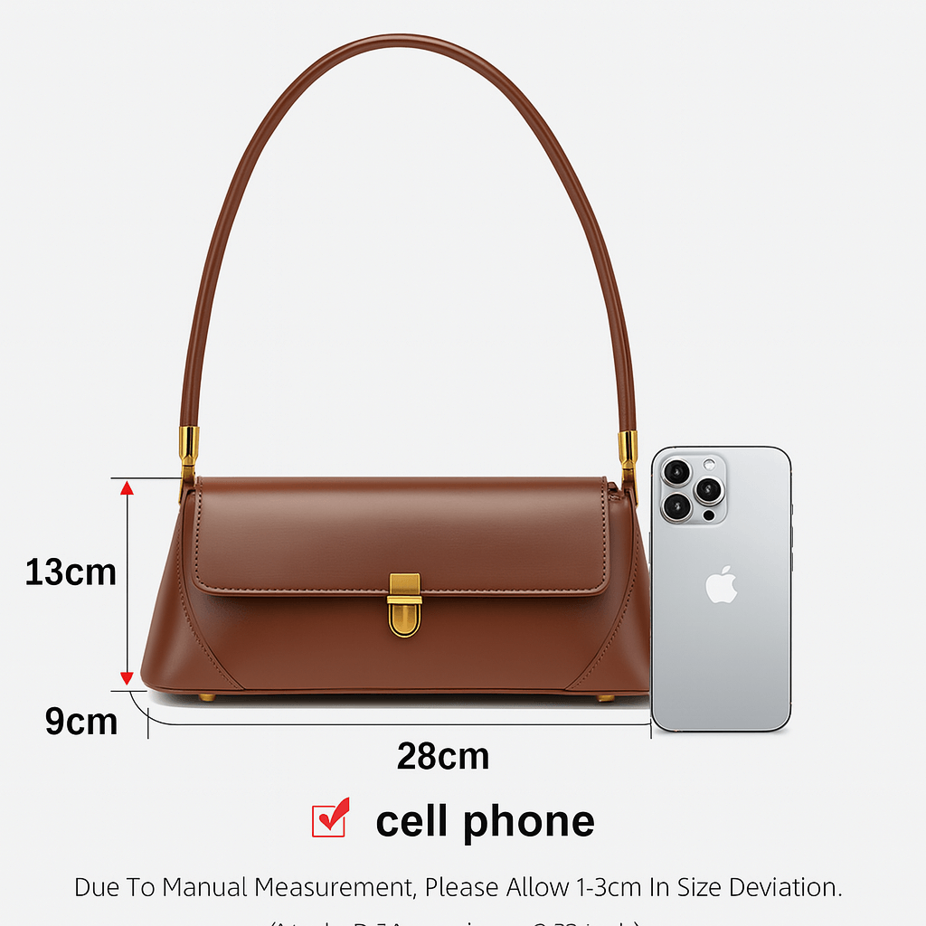 Brown leather shoulder bag with structured design, stylish accessory for modern women, dimensions next to a cell phone.