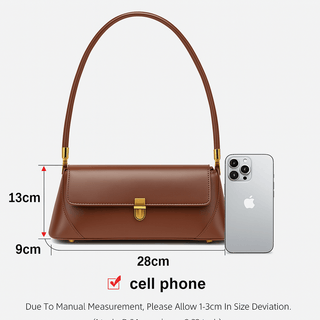 Brown leather shoulder bag with structured design, stylish accessory for modern women, dimensions next to a cell phone.