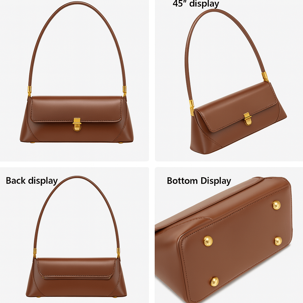 Elegant brown leather shoulder bag showcasing front, back, and bottom views with gold accents.