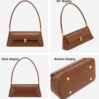 Elegant brown leather shoulder bag showcasing front, back, and bottom views with gold accents.