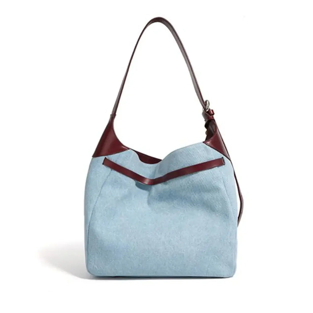 Casual women's shoulder bag in light blue with brown leather strap, stylish denim bucket tote for everyday use.