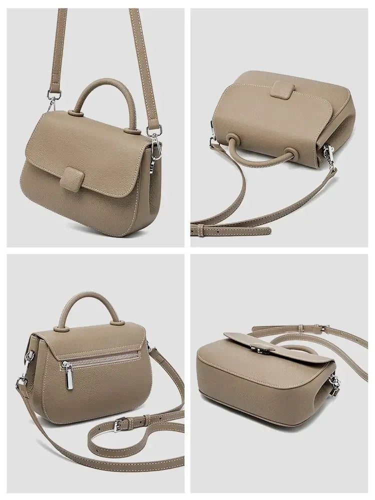 Soft leather shoulder bag in taupe color, stylish and practical design with secure closure and spacious interior.