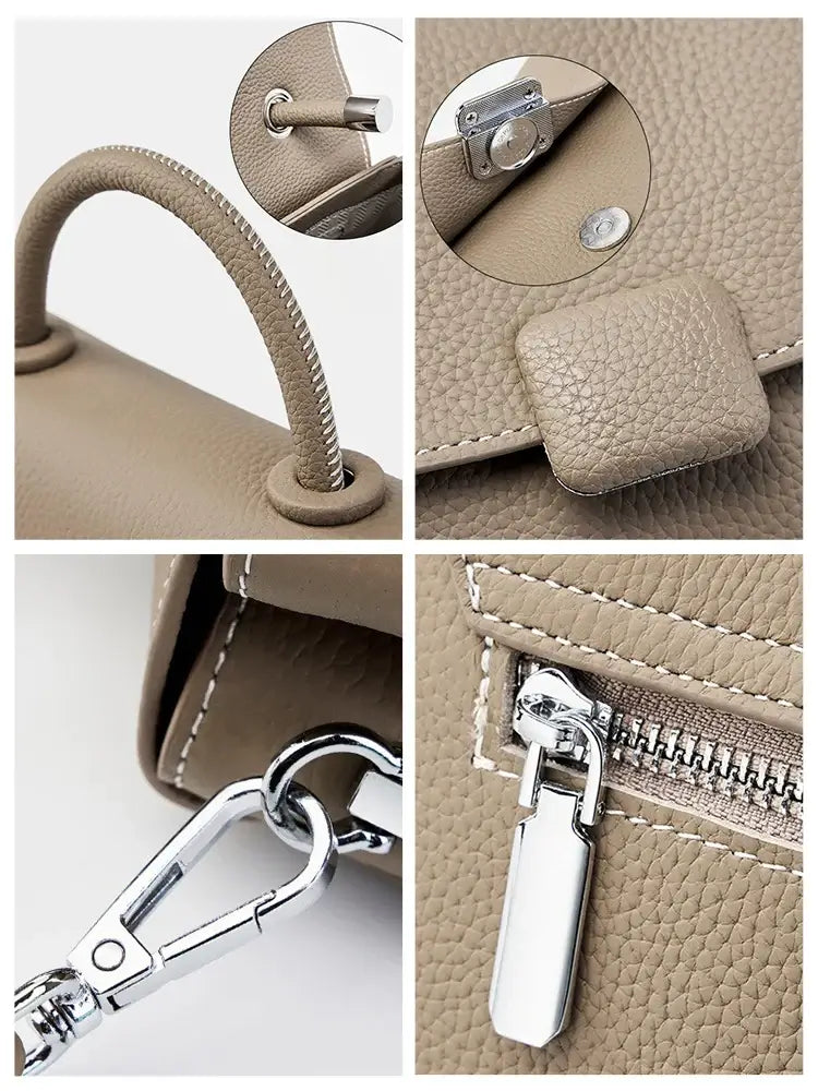 Soft leather shoulder bag in beige, showcasing stylish handles, zipper detail, and secure closure features.