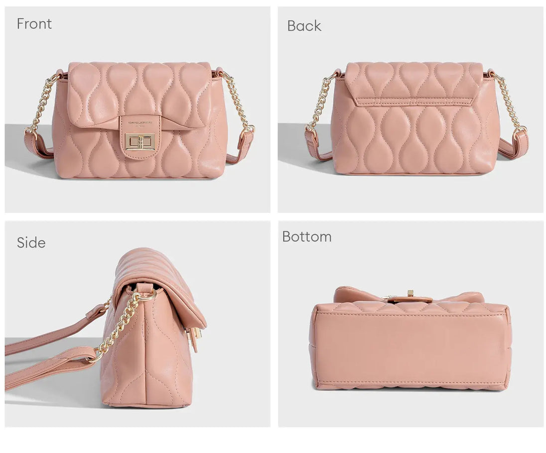 Women's pink quilted shoulder bag with chain strap and turn-lock closure, featuring versatile design and soft PU material.