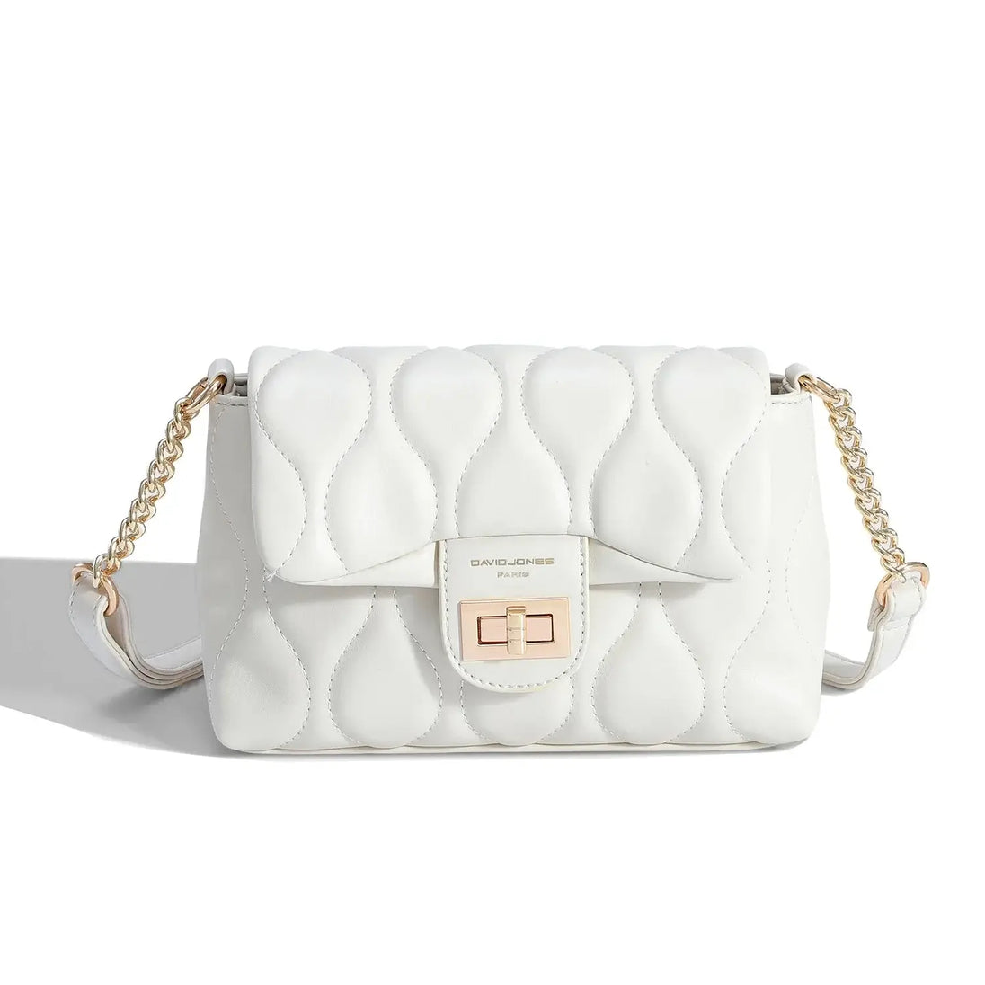 White quilted white shoulder bag with chain strap and turn-lock closure, stylish and versatile for women.
