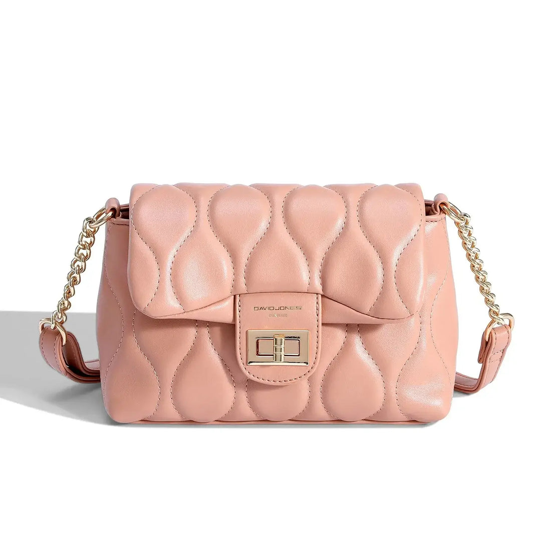 Women's pink quilted shoulder bag with chain strap and turn-lock closure, casual tote style.