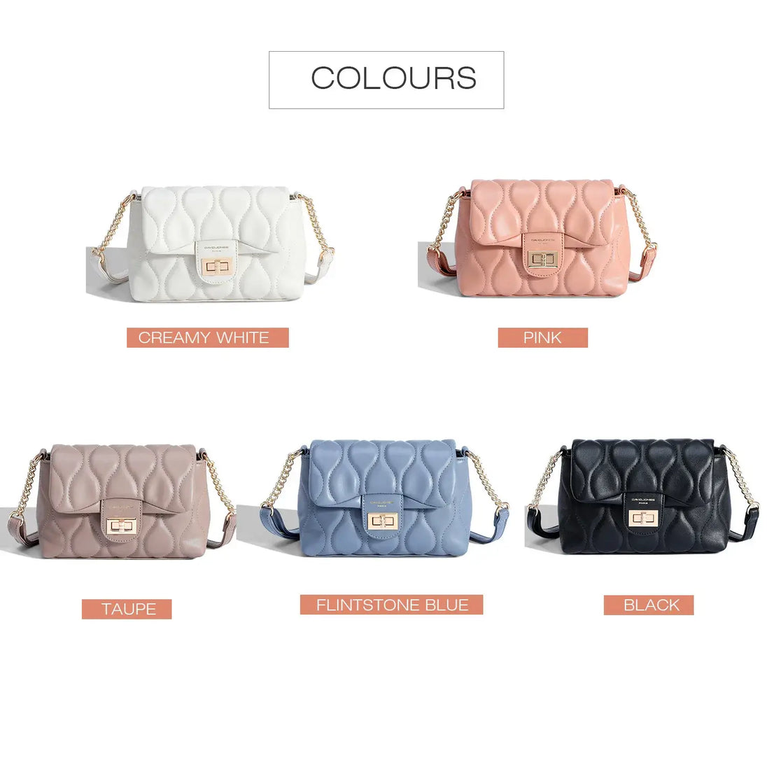 Women's quilted shoulder bag in creamy white, pink, taupe, flintstone blue, and black with chain strap.