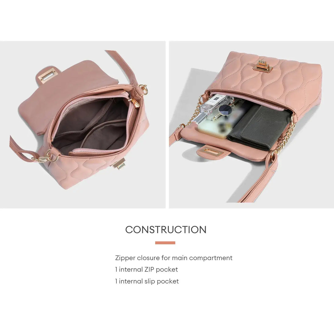 Women's pink quilted shoulder bag with chain strap, zipper closure, and internal pockets for organization.