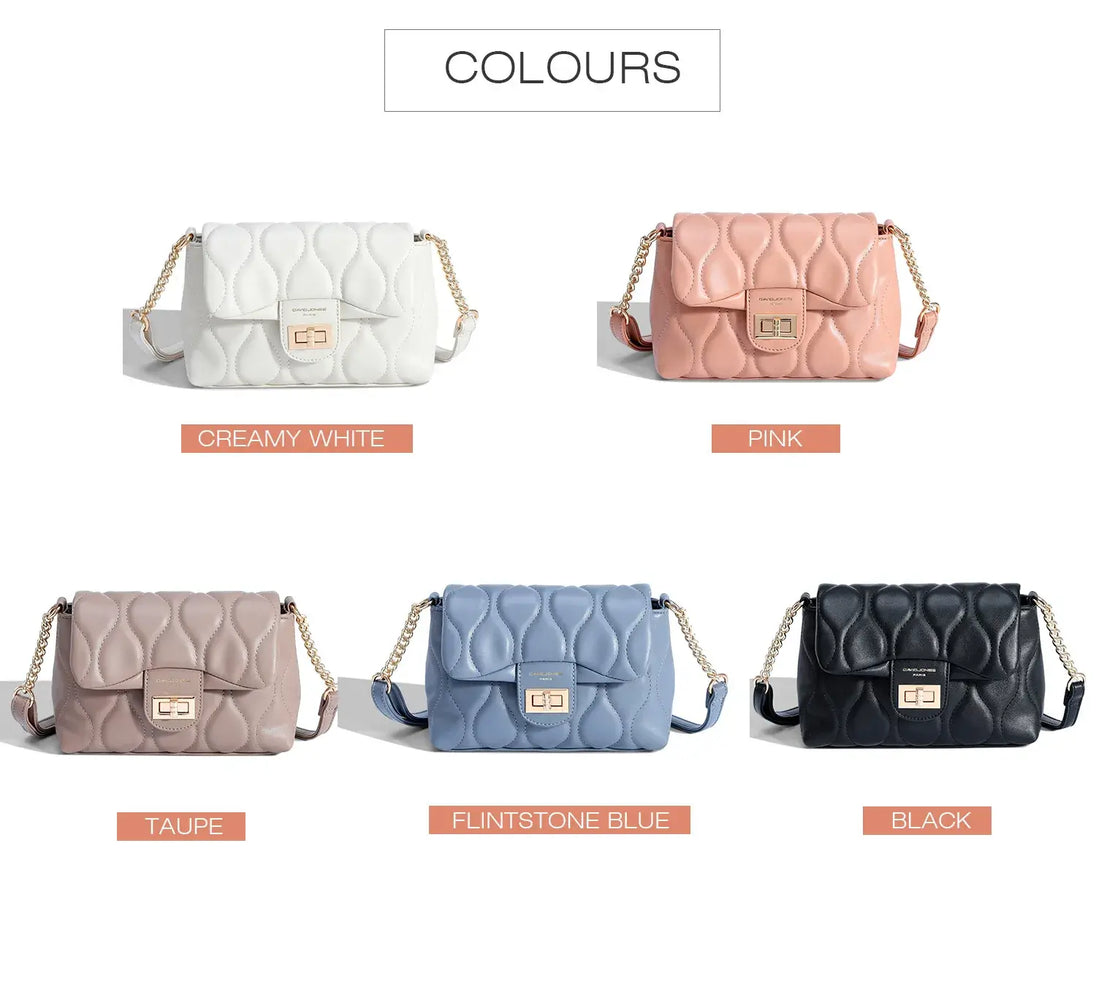 Women's Quilted Shoulder Bag in Creamy White, Pink, Taupe, Flintstone Blue, Black with Chain Strap