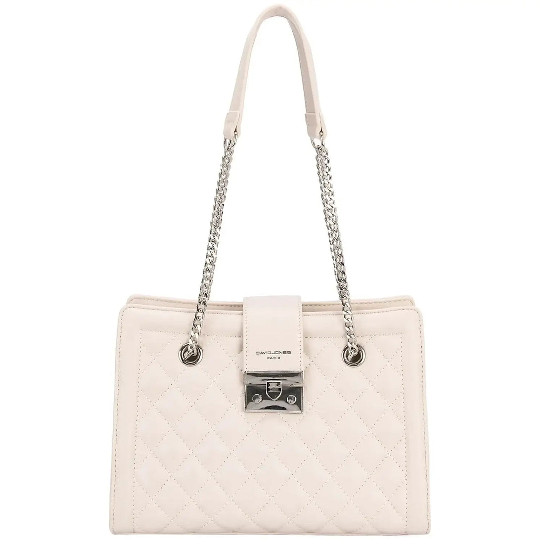 Women's shoulder bag in cream with chain handle, perfect for casual and party occasions.
