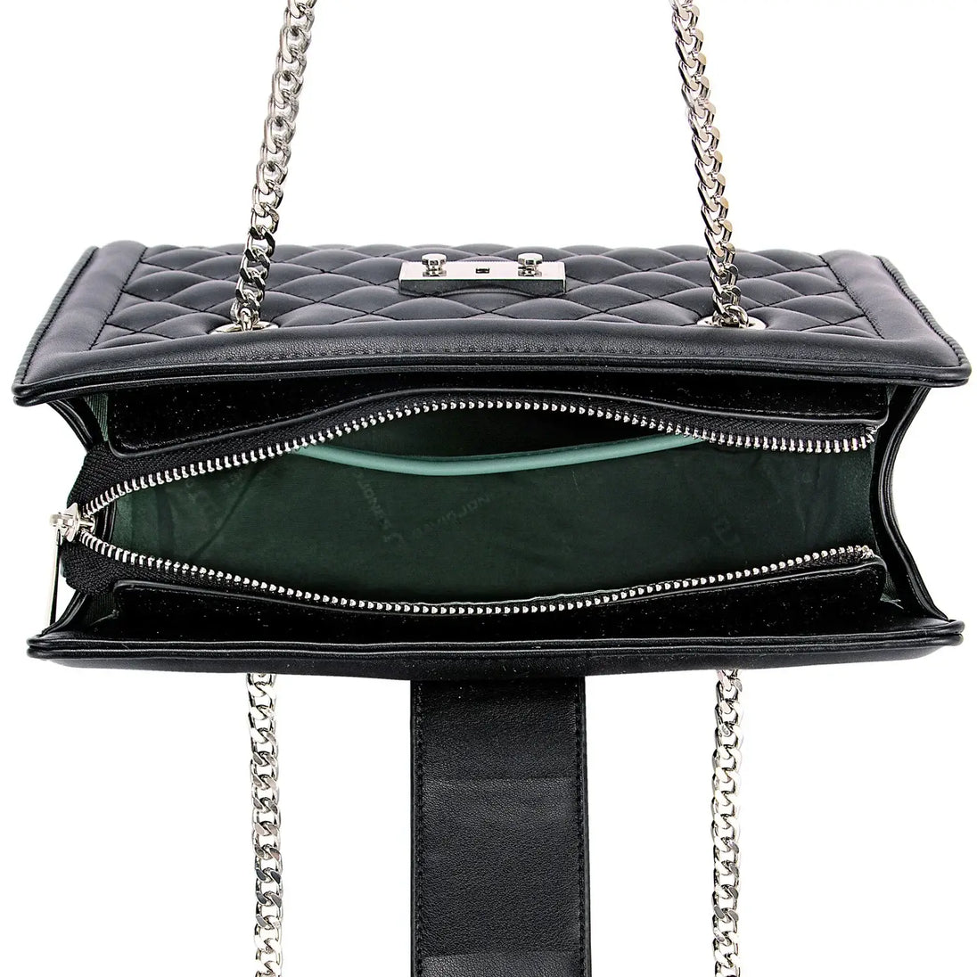 Women's black quilted shoulder bag with chain, sequined interior slots, casual style for party occasions.