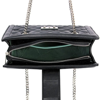 Women's black quilted shoulder bag with chain, sequined interior slots, casual style for party occasions.