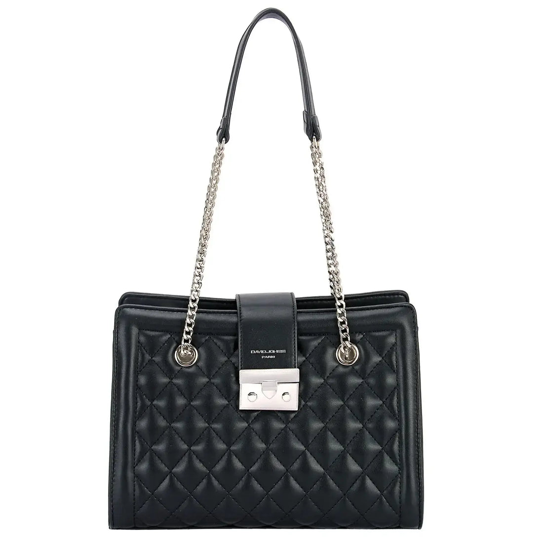 Women's black shoulder bag with chain, elegant design for casual and party occasions.
