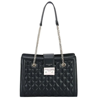 Women's black shoulder bag with chain, elegant design for casual and party occasions.