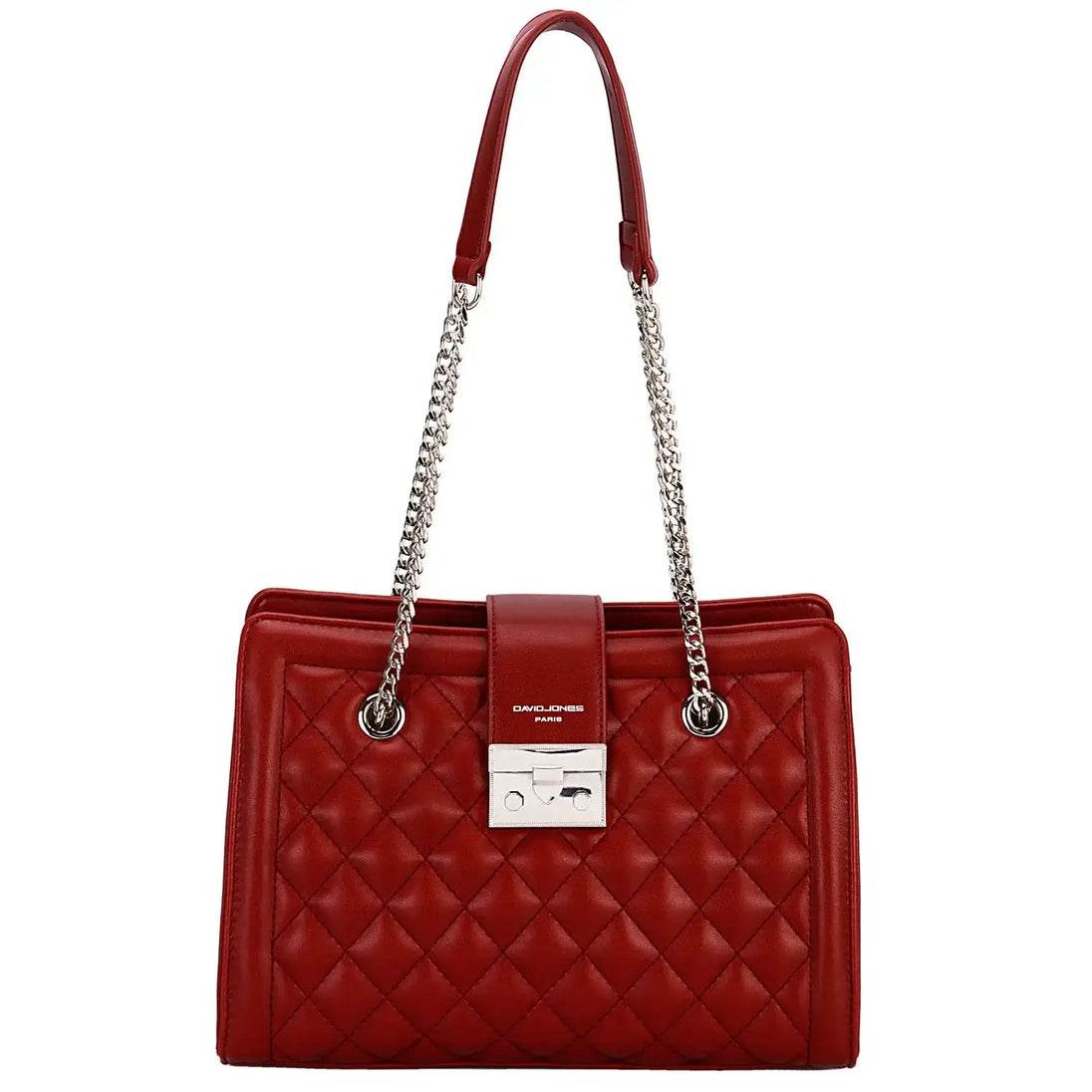 Women's red shoulder bag with silver chain strap, casual style for parties, featuring hasp closure and slot pockets.