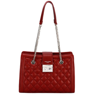 Women's red shoulder bag with silver chain strap, casual style for parties, featuring hasp closure and slot pockets.