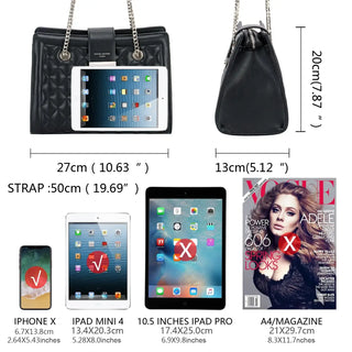 Women's black quilted shoulder bag with chain, soft material, casual style, perfect for parties.