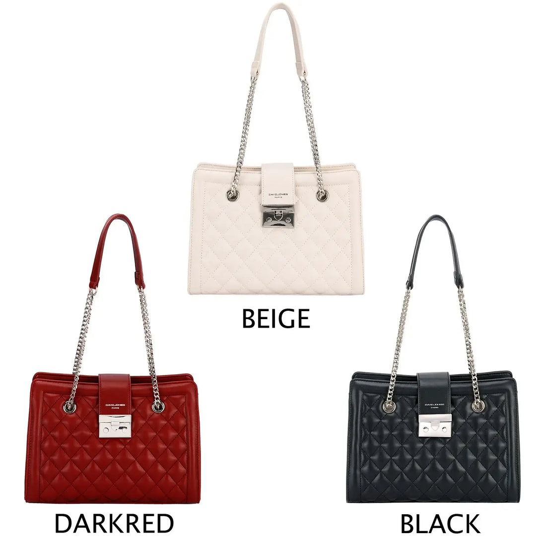 Women's Quilted Shoulder Bag with Chain in Dark Red, Black, and Beige - Casual PU Handbag, Soft Structure