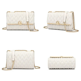 White quilted women’s shoulder bag with gold chain strap and moon cat charm, stylish and modern design.