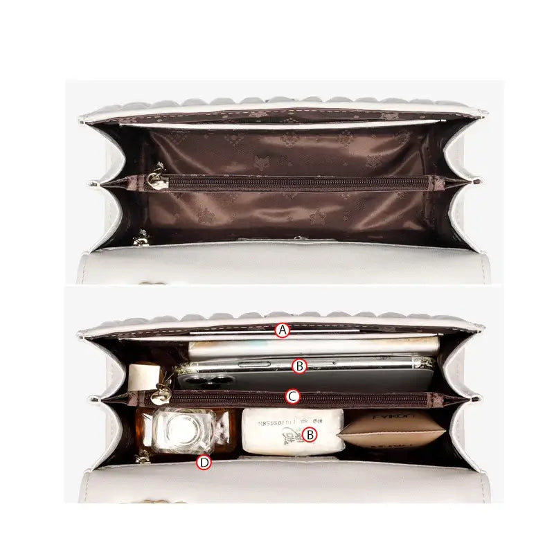 Interior view of white quilted women’s shoulder bag showcasing multiple compartments and zipper pockets.