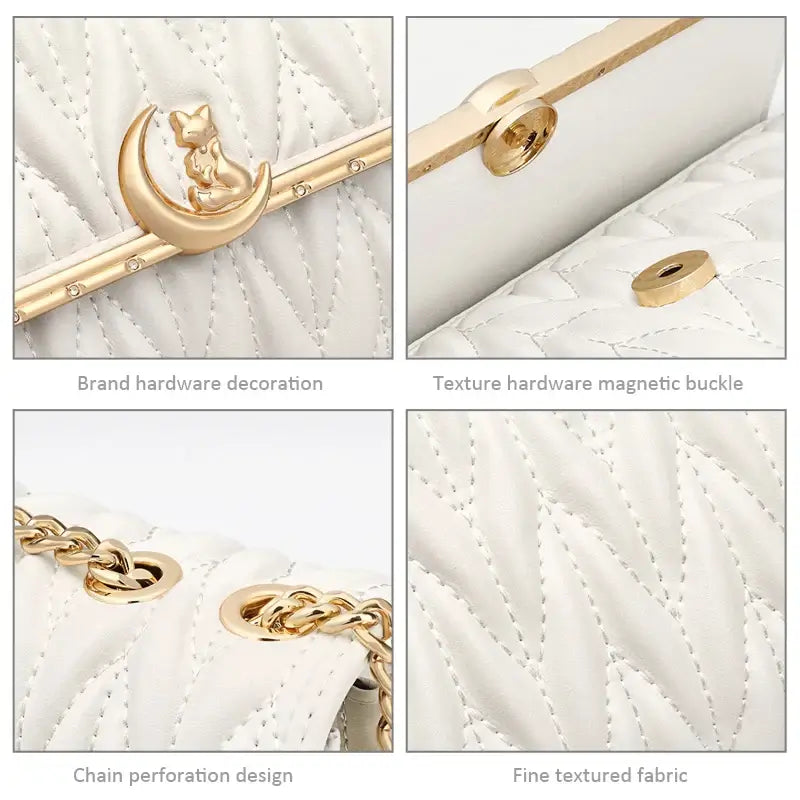 White quilted women's shoulder bag featuring gold chain strap, moon cat charm, and stylish hardware details.