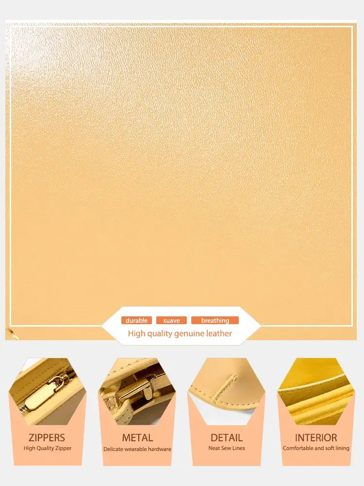 Light brown leather shoulder bag features durable zippers, metal hardware, and a soft, breathable interior lining.