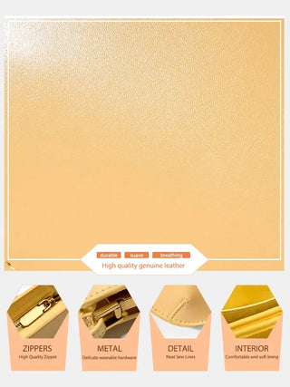 Light brown leather shoulder bag features durable zippers, metal hardware, and a soft, breathable interior lining.