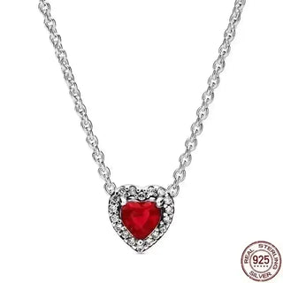 Heart-Shaped Necklace featuring a 925 sterling silver chain with a red zirconia pendant and white crystals.