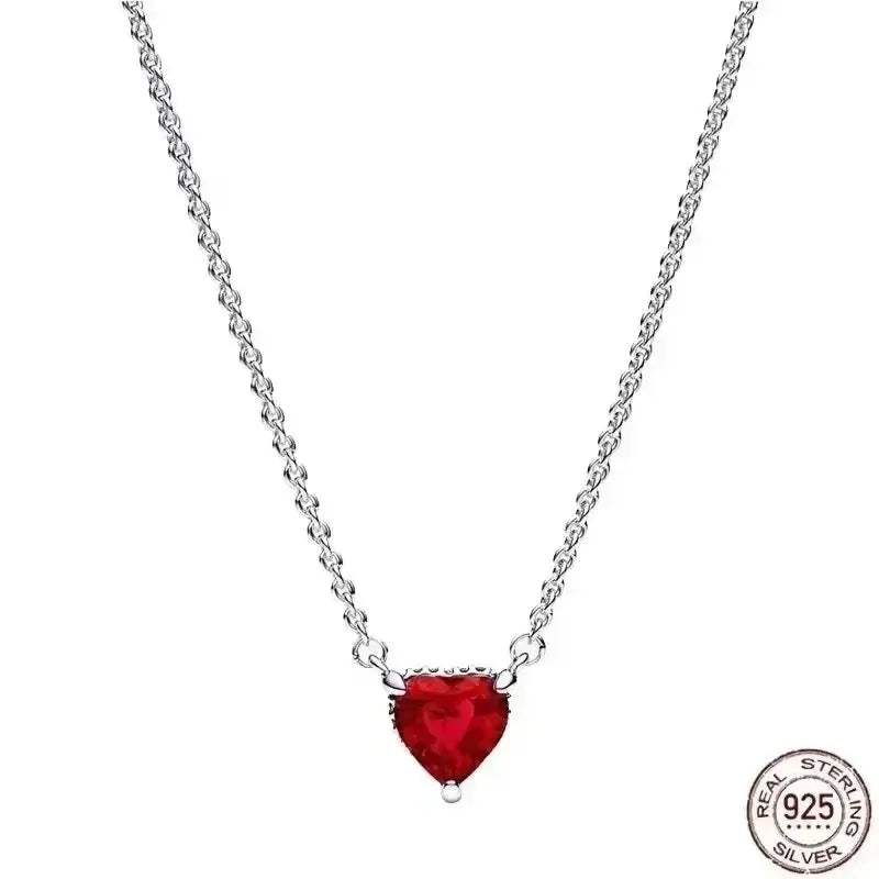 Heart-Shaped Necklace featuring a red zircon stone and 925 sterling silver chain for elegant jewelry collection.