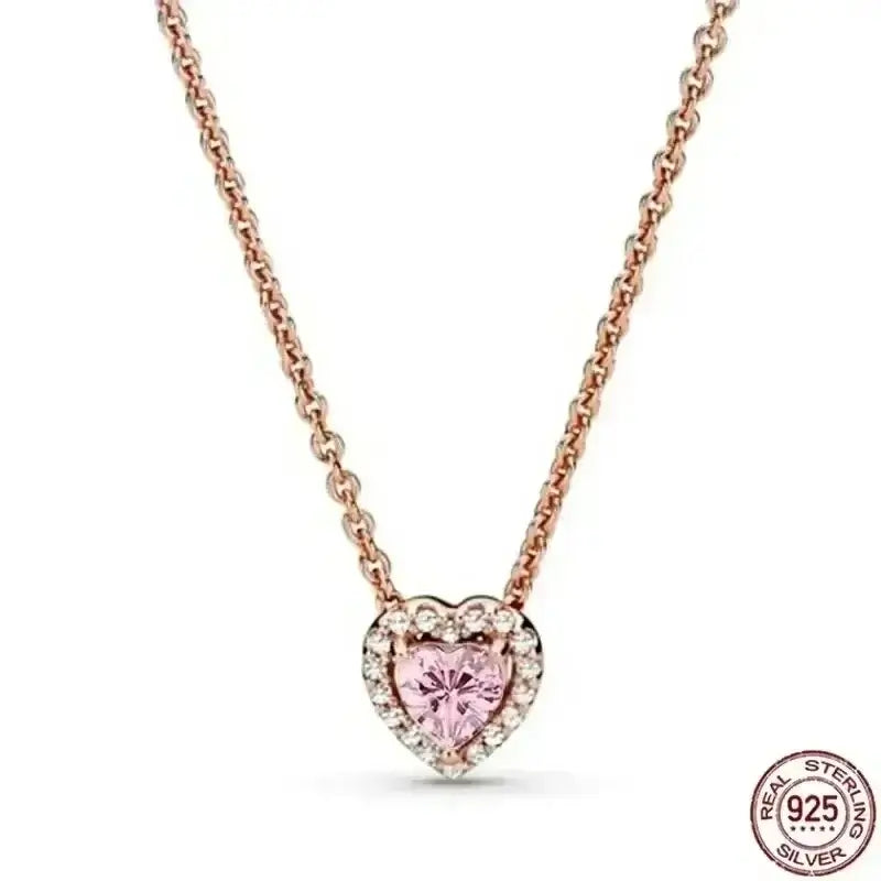 Heart-Shaped Necklace with pink zircon stone and 925 sterling silver chain, perfect for elegant occasions.