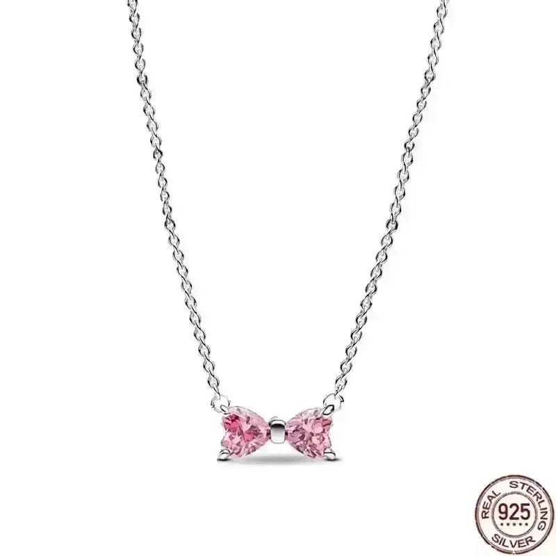 Heart-Shaped Necklace featuring a 925 sterling silver chain with pink zircon stones, perfect for elegant occasions.