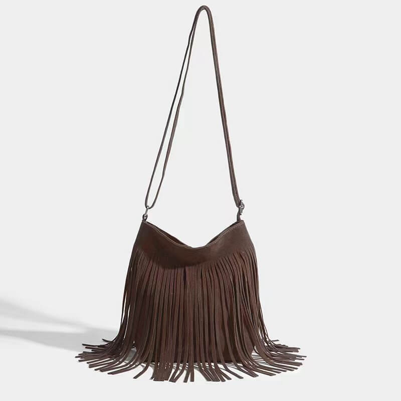 Stylish womens brown suede Fringe Crossbody Bag featuring trendy fringe details and a long strap for easy carrying.