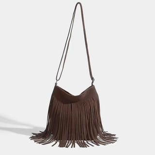 Stylish womens brown suede Fringe Crossbody Bag featuring trendy fringe details and a long strap for easy carrying.