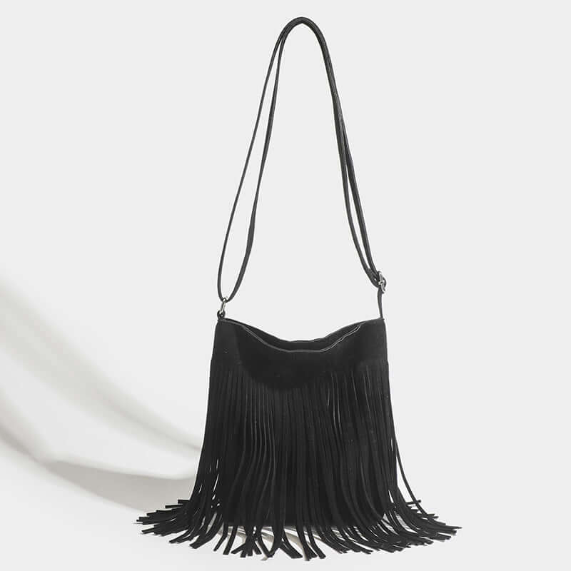 Fringe Crossbody Bag featuring stylish suede material and fringe detailing, perfect for casual outings or travel.