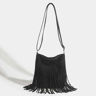 Fringe Crossbody Bag featuring stylish suede material and fringe detailing, perfect for casual outings or travel.