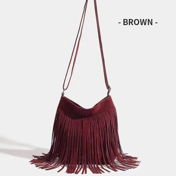 Fringe Crossbody Bag in brown suede with stylish fringe detailing and a comfortable crossbody strap.