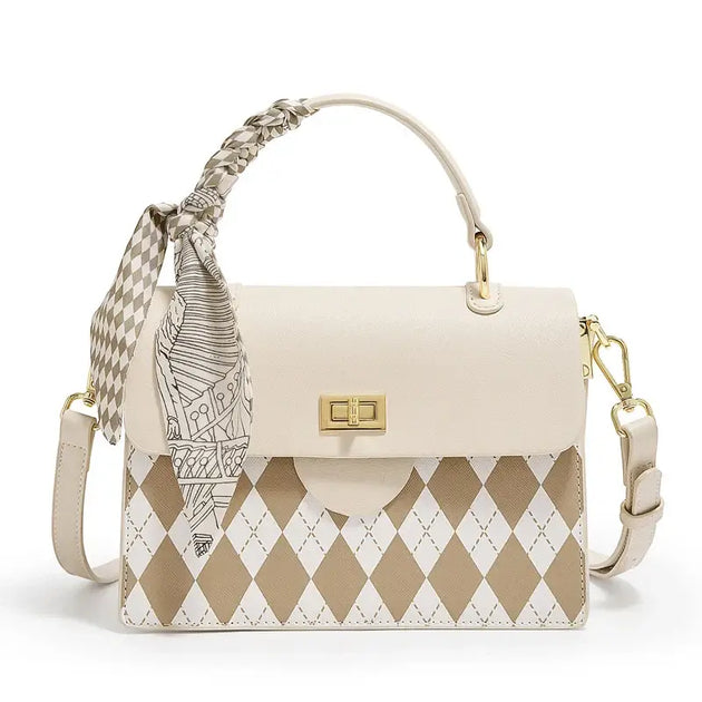 Beige women's top handle bag with diamond pattern, scarf detail, and crossbody strap for stylish everyday use.