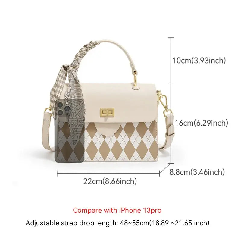 Beige women's top handle bag with diamond pattern, scarf detail, and crossbody strap for stylish everyday use.