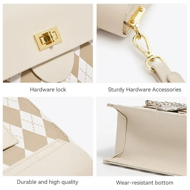 Beige women's bucket bag featuring diamond pattern, durable hardware lock, sturdy accessories, and wear-resistant bottom.