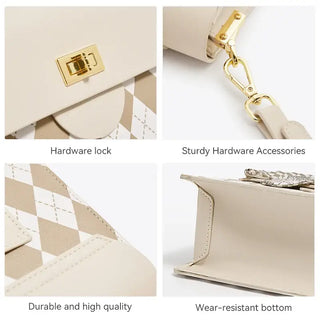 Beige women's bucket bag featuring diamond pattern, durable hardware lock, sturdy accessories, and wear-resistant bottom.