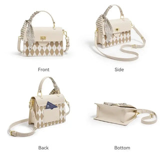 Beige women’s top handle bag featuring diamond pattern, scarf detail, and crossbody strap, shown from front, side, back, and bottom.