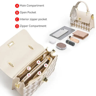 Beige women's top handle bag showcasing compartments, open pocket, and interior zipper pocket, ideal everyday accessory.