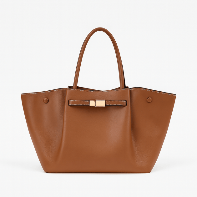Tan faux leather tote bag with structured silhouette and gold-tone clasp, perfect for shopping and daily use.