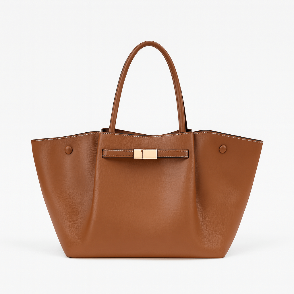 Tan faux leather shopper bag with double handles and gold-tone clasp, perfect for everyday use.