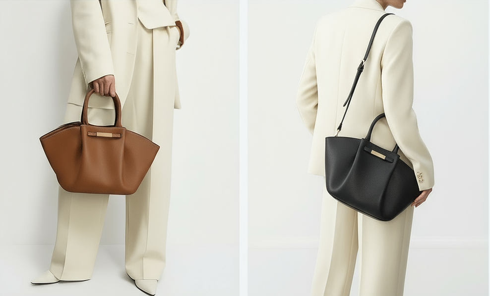 Tan faux leather tote and black shopper bag, showcasing elegant design and versatile styles.